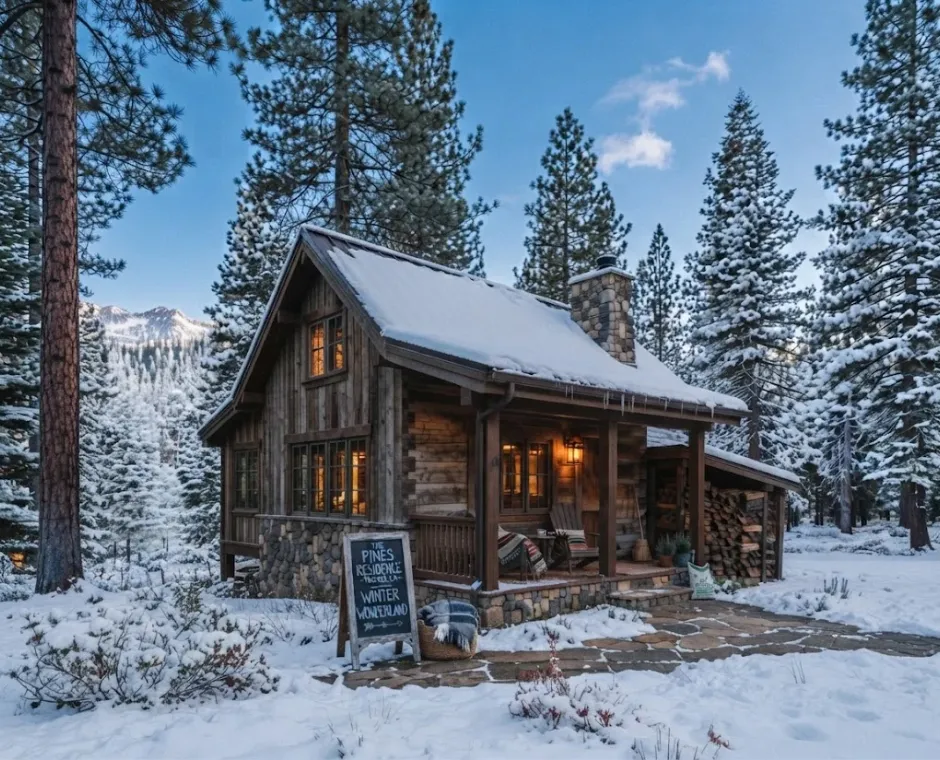 snowy Truckee cabin or home exterior