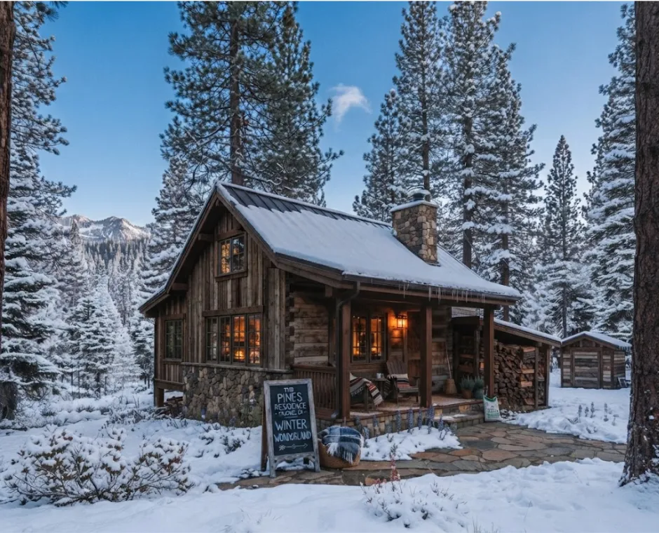 snowy Truckee home with a woodpile or shed