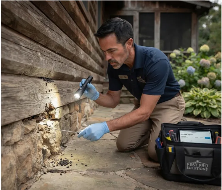 technician checking a roofline, crawl space, or foundation