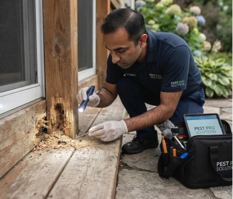 technician inspecting a wood beam, window frame, or deck