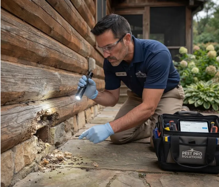 technician inspecting an attic or a cabin exterior