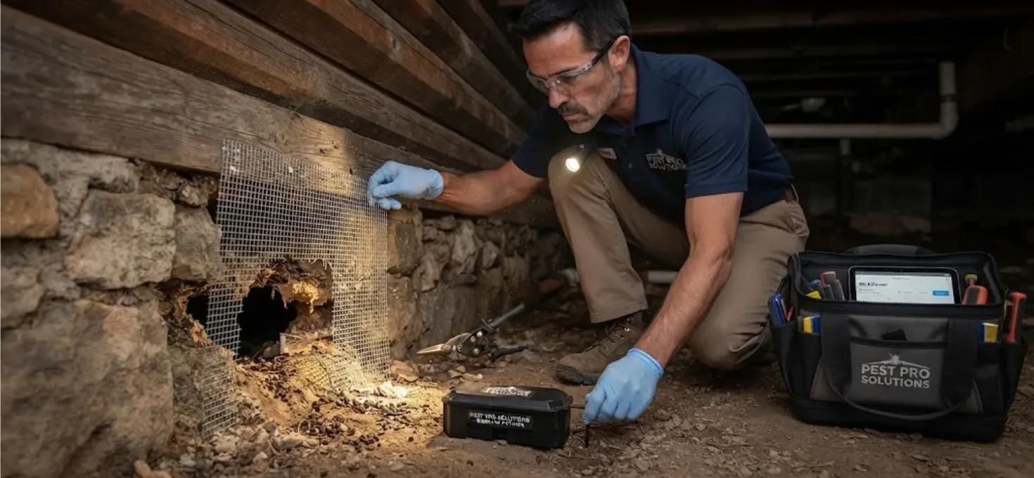 technician placing a bait station or sealing a gap with metal mesh