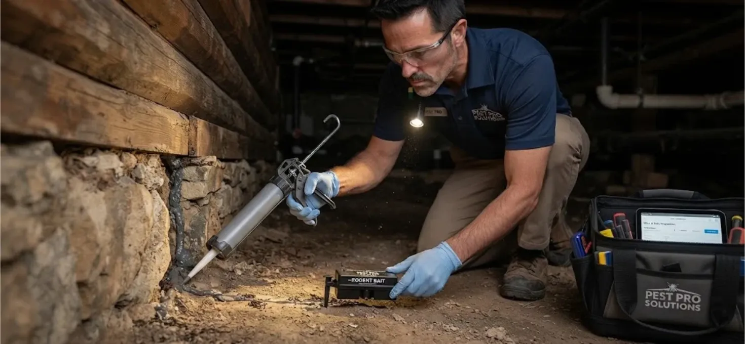 technician sealing a gap or placing a bait station