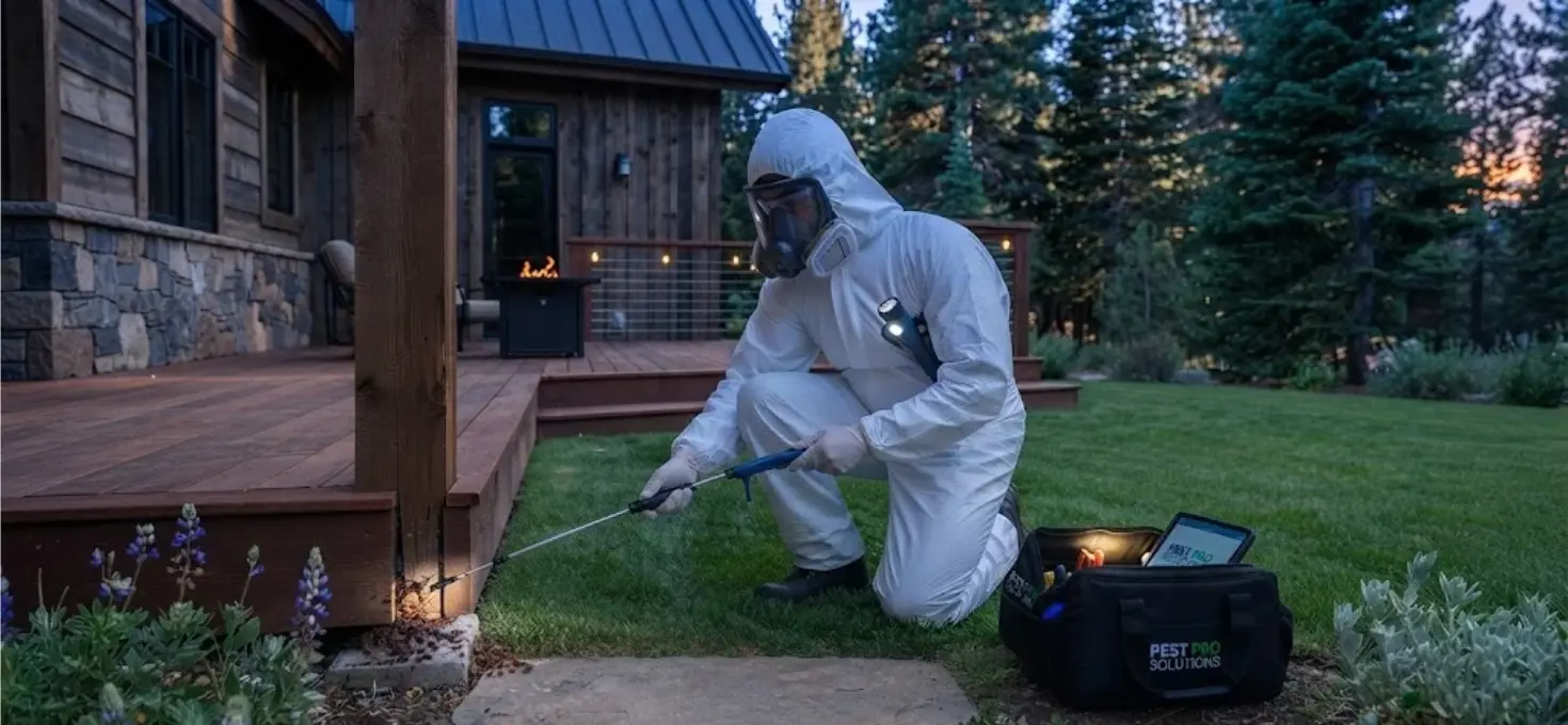 Technician treating a nest entrance at dusk