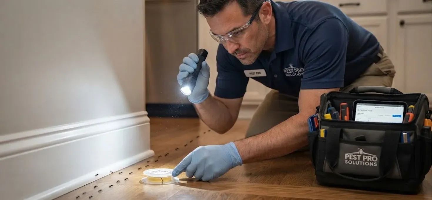 technician treating a wall void or placing ant bait near a trail