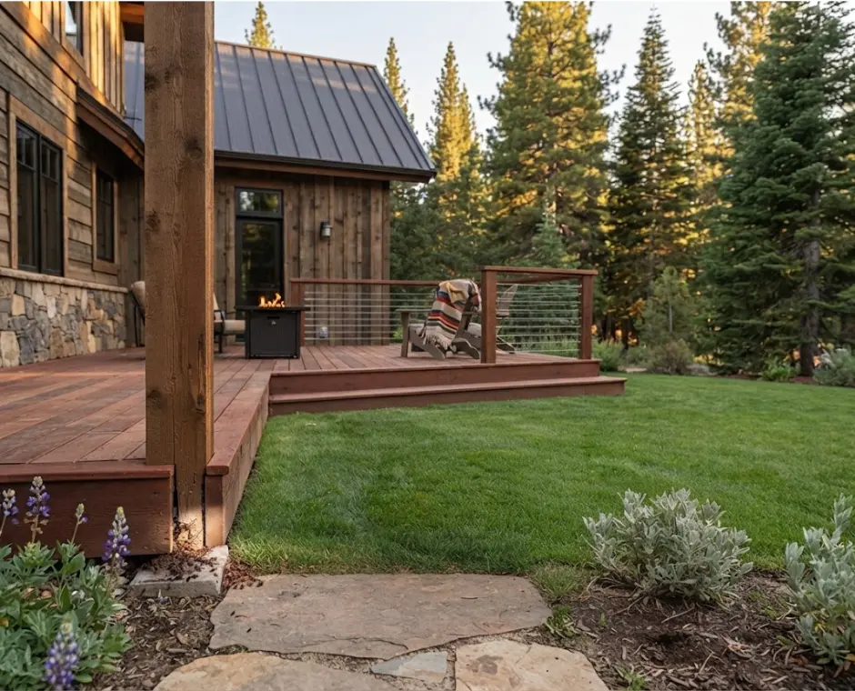 Truckee backyard with lawn, deck, and trees
