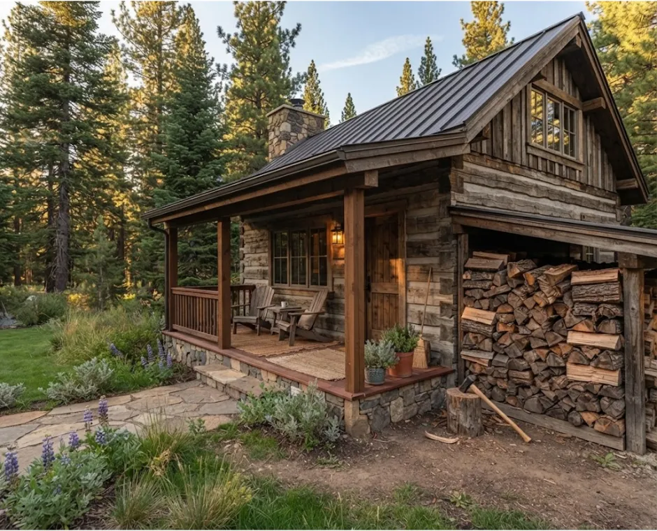 Truckee cabin with woodpile and porch
