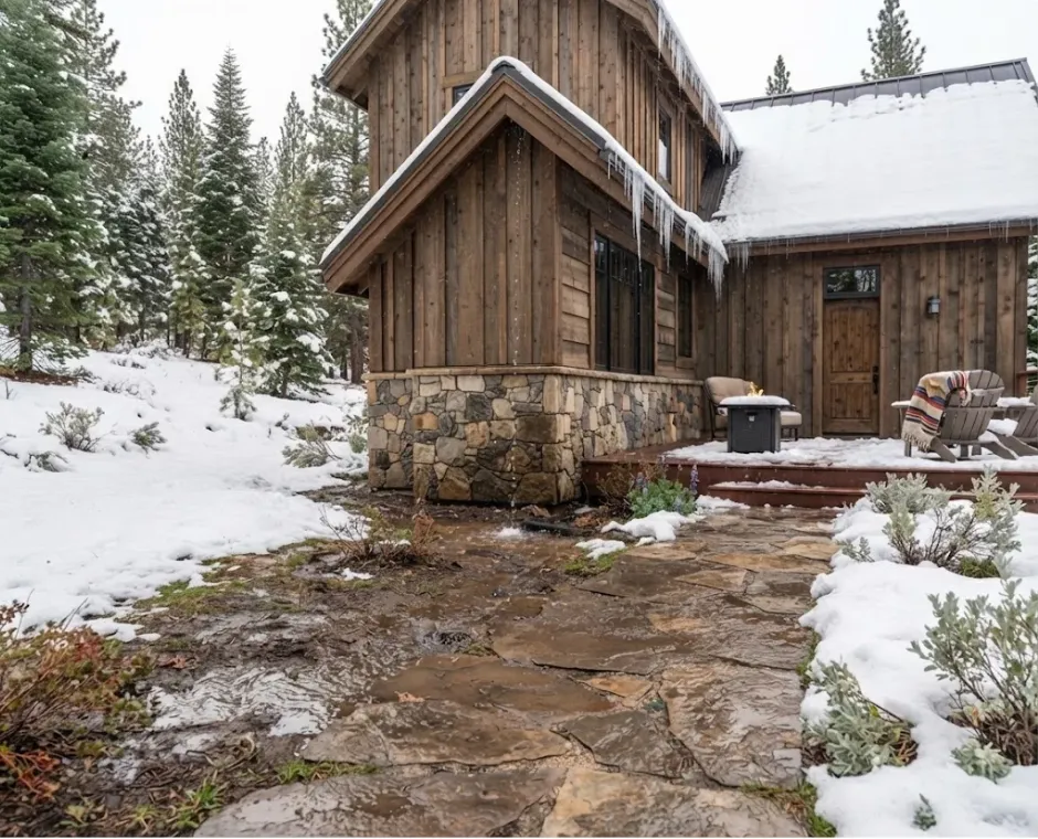 Truckee home exterior with snow melting near the foundation