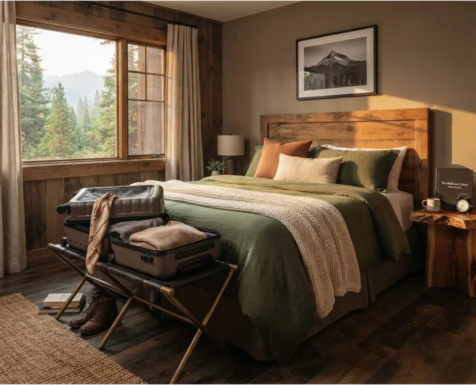 luggage and bed in a vacation rental bedroom