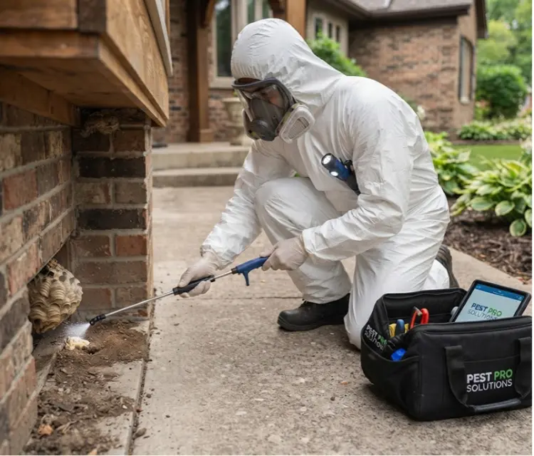 Technician in protective gear near a ground nest or wall entrance