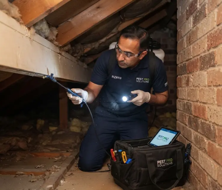 Technician in protective gear near an eave or wall