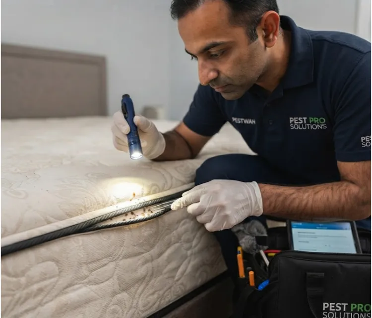 technician inspecting a mattress seam with a flashlight