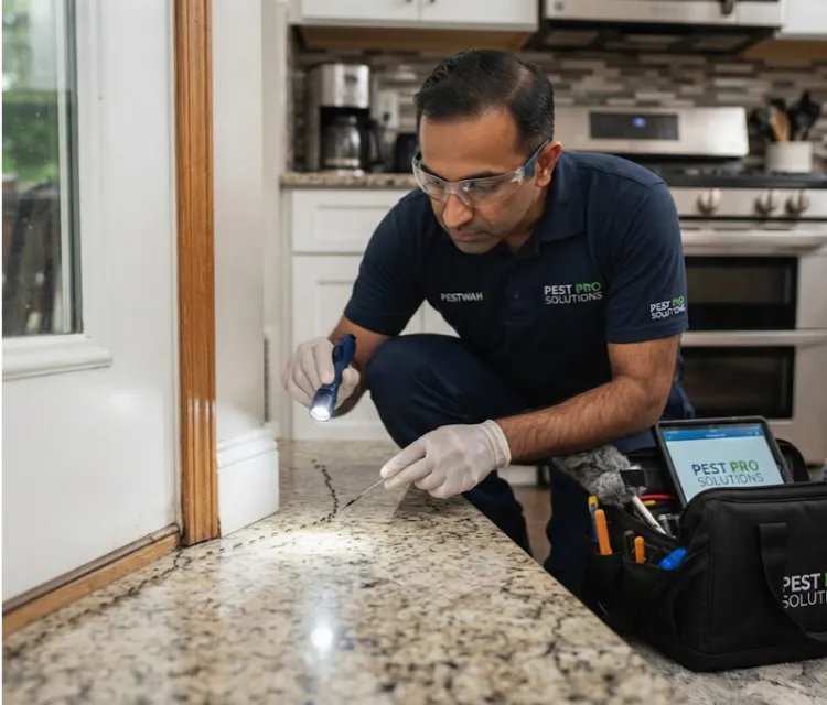 technician inspecting an ant trail along a kitchen counter or door frame