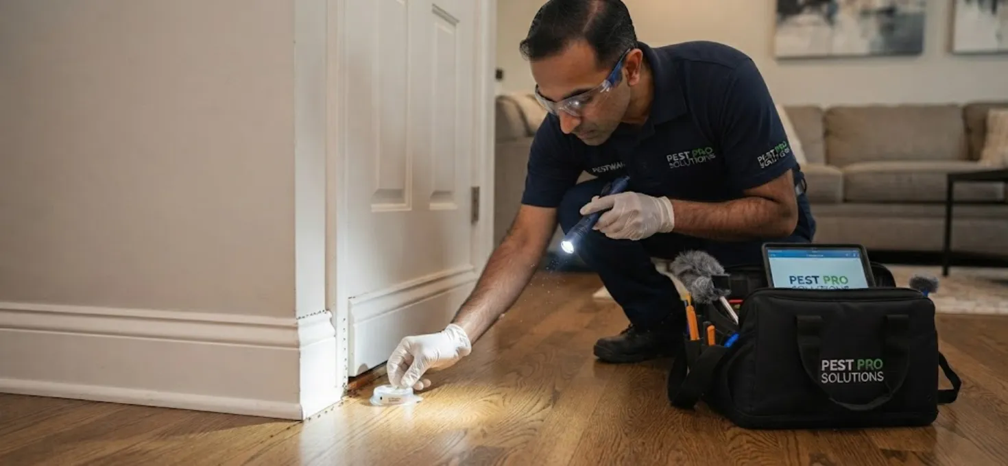 technician placing ant bait near a baseboard or door frame