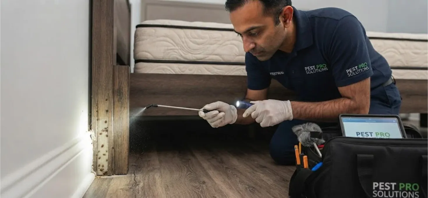 technician treating a bed frame or baseboard