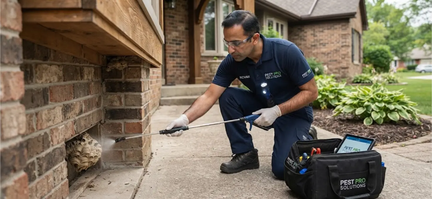 Technician treating a nest under an eave or at a ground entrance