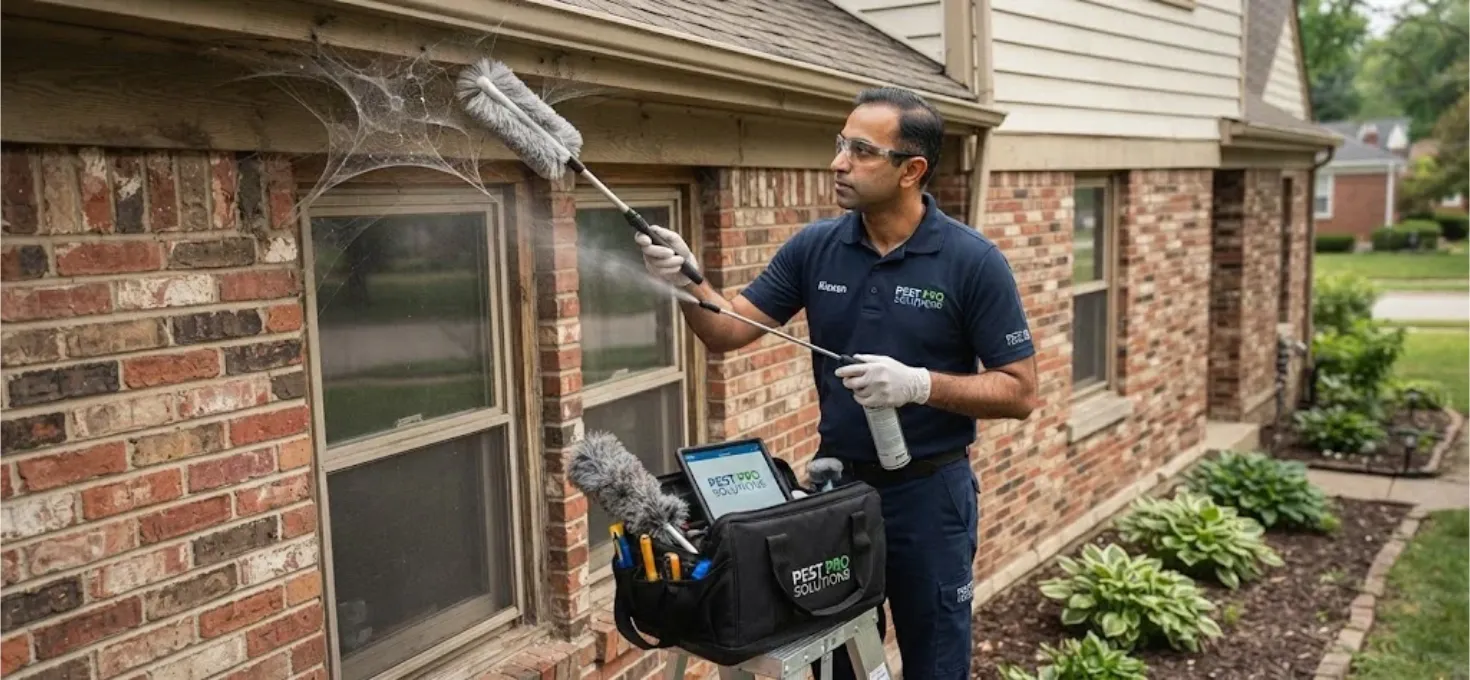 technician treating a window frame or removing webs under eaves
