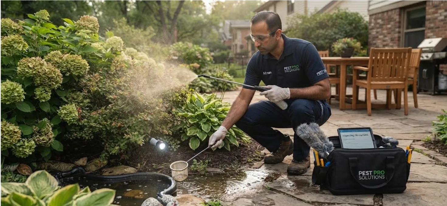 technician treating shrubs near a patio or checking standing water